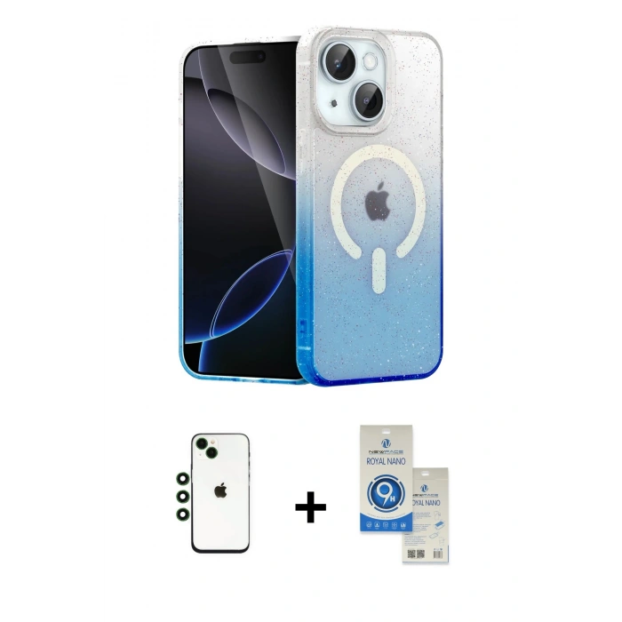 MARSİLYAN™- iPhone 14 Kılıf Eksen Minimal Özel Seri - Şeffaf Royal Nano Ekran Koruyucu + Shine Kamera Lens - YL