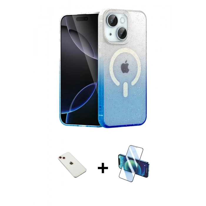 MARSİLYAN™- iPhone 14 Kılıf Eksen Minimal Özel Seri - Siyah 3D Antistatik Cam Ekran Koruyucu + Diamond Kamera Lens - KI