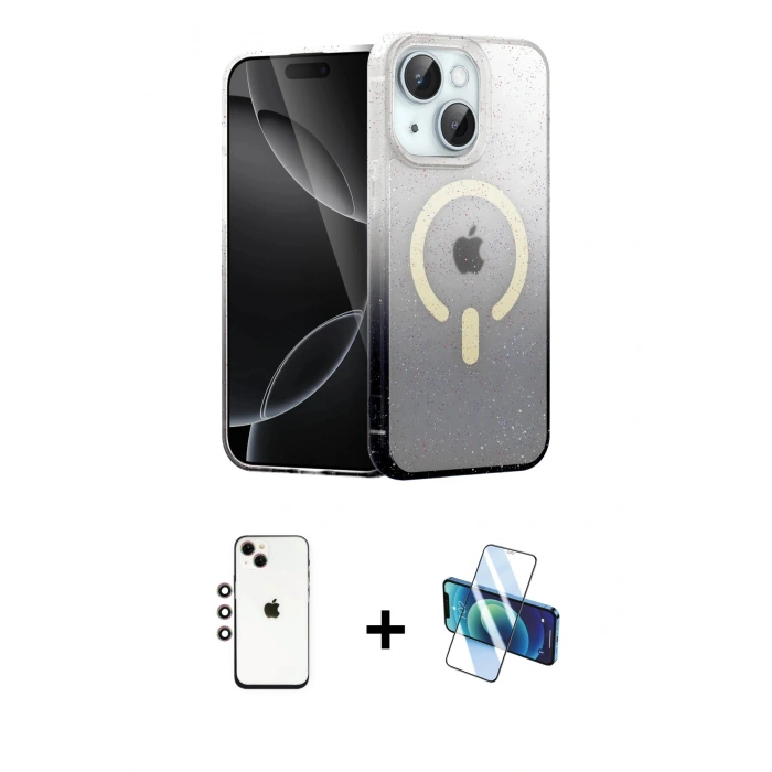 MARSİLYAN™- iPhone 14 Kılıf Eksen Minimal Özel Seri - Siyah 3D Antistatik Cam Ekran Koruyucu + Shine Kamera Lens - GI