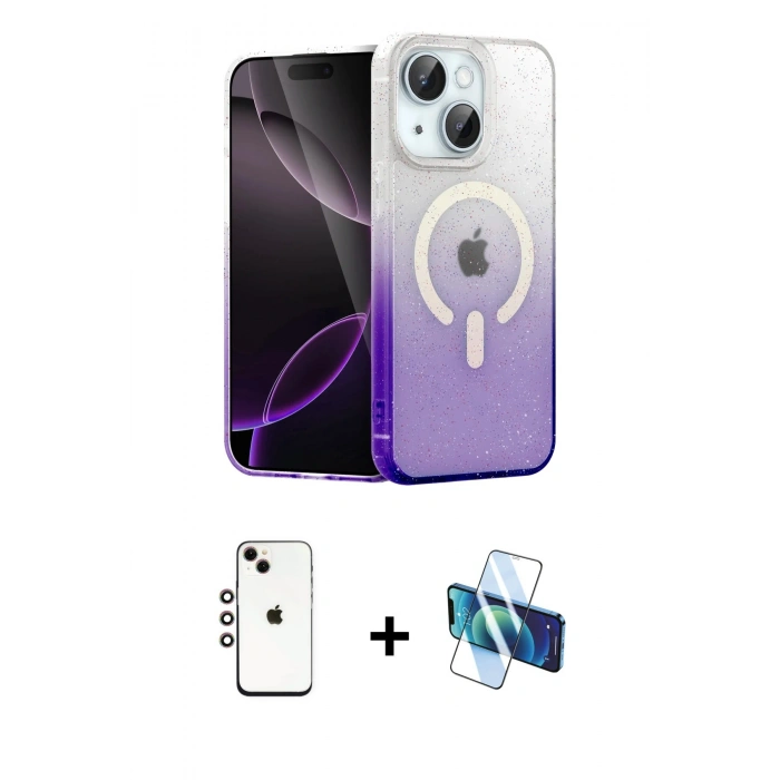 MARSİLYAN™- iPhone 14 Kılıf Eksen Minimal Özel Seri - Siyah 3D Antistatik Cam Ekran Koruyucu + Shine Kamera Lens - GI