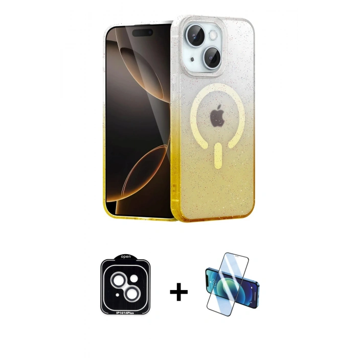 MARSİLYAN™- iPhone 14 Kılıf Eksen Minimal Özel Seri - Siyah 3D Antistatik Cam Ekran Koruyucu + PVD Metal Kamera Lens - GS