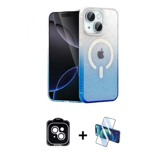 MARSİLYAN™- iPhone 14 Kılıf Eksen Minimal Özel Seri - Siyah 3D Antistatik Cam Ekran Koruyucu + PVD Metal Kamera Lens - GS