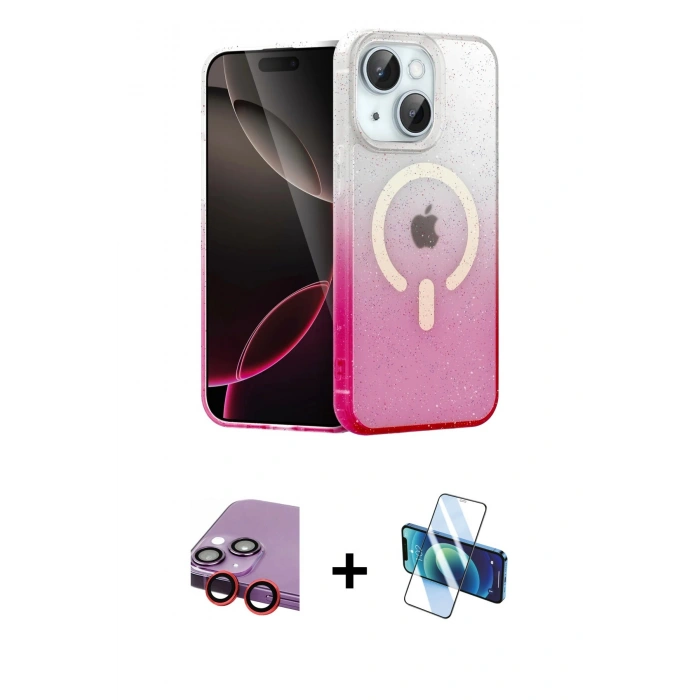 MARSİLYAN™- iPhone 14 Kılıf Eksen Minimal Özel Seri - Siyah 3D Antistatik Cam Ekran Koruyucu + Kırmızı Raze Metal Kamera Lens