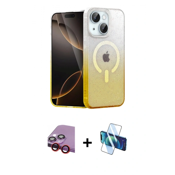 MARSİLYAN™- iPhone 14 Kılıf Eksen Minimal Özel Seri - Siyah 3D Antistatik Cam Ekran Koruyucu + Kırmızı Raze Metal Kamera Lens