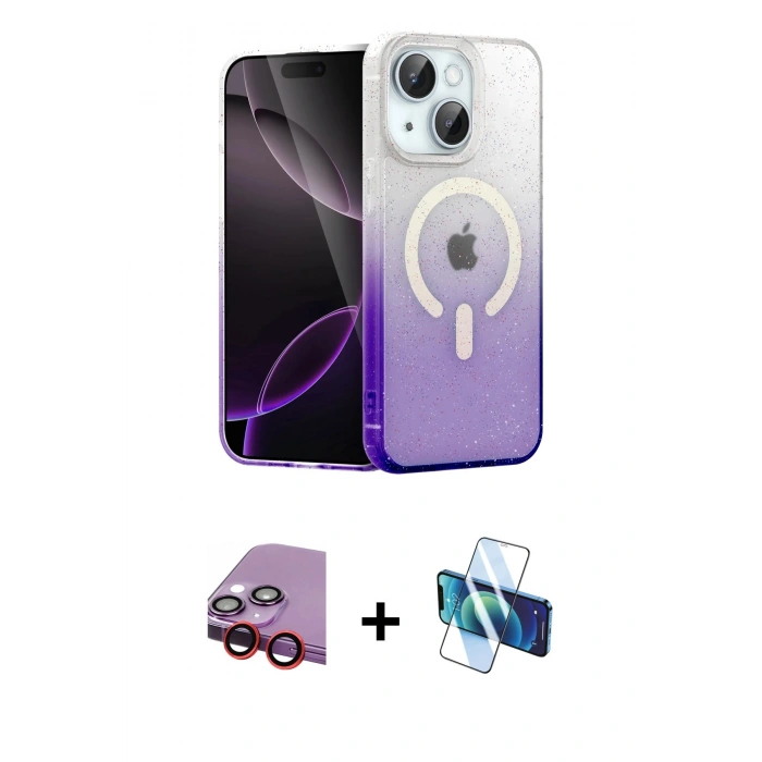 MARSİLYAN™- iPhone 14 Kılıf Eksen Minimal Özel Seri - Siyah 3D Antistatik Cam Ekran Koruyucu + Kırmızı Raze Metal Kamera Lens