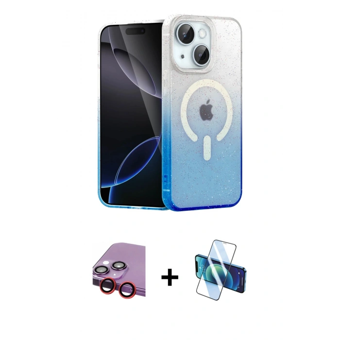 MARSİLYAN™- iPhone 14 Kılıf Eksen Minimal Özel Seri - Siyah 3D Antistatik Cam Ekran Koruyucu + Kırmızı Raze Metal Kamera Lens
