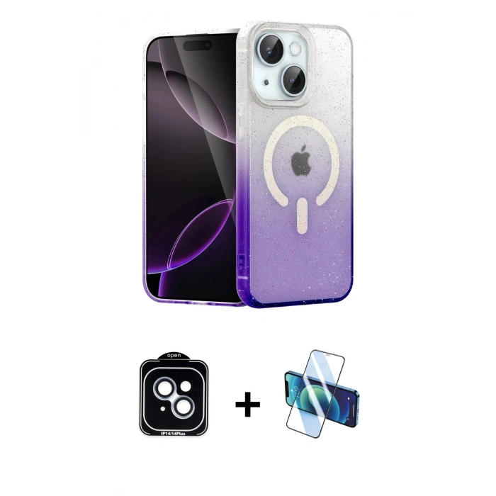 MARSİLYAN™- iPhone 14 Kılıf Eksen Minimal Özel Seri - Siyah 3D Antistatik Cam Ekran Koruyucu + PVD Metal Kamera Lens - MI