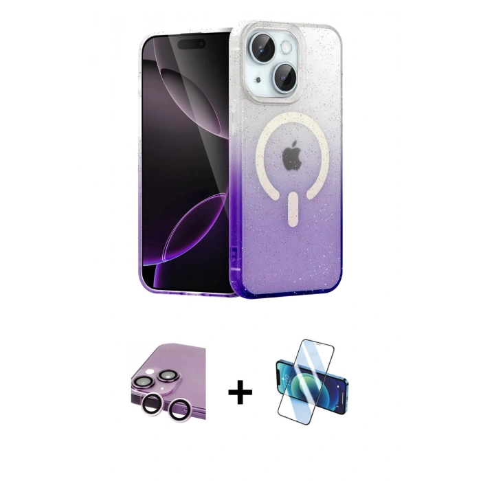 MARSİLYAN™- iPhone 14 Kılıf Eksen Minimal Özel Seri - Siyah 3D Antistatik Cam Ekran Koruyucu + Mor Raze Metal Kamera Lens