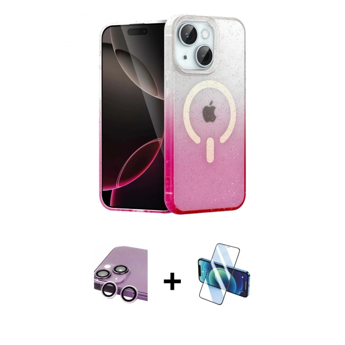 MARSİLYAN™- iPhone 14 Kılıf Eksen Minimal Özel Seri - Siyah 3D Antistatik Cam Ekran Koruyucu + Mor Raze Metal Kamera Lens