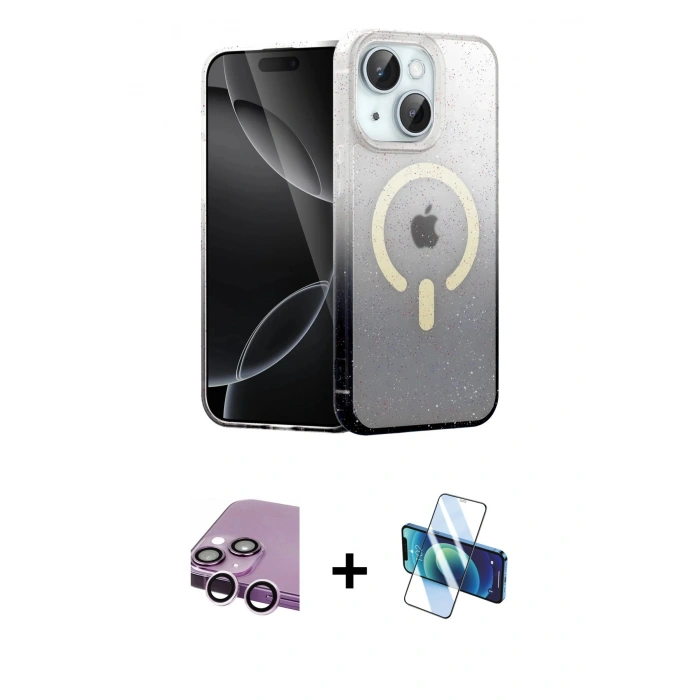 MARSİLYAN™- iPhone 14 Kılıf Eksen Minimal Özel Seri - Siyah 3D Antistatik Cam Ekran Koruyucu + Mor Raze Metal Kamera Lens