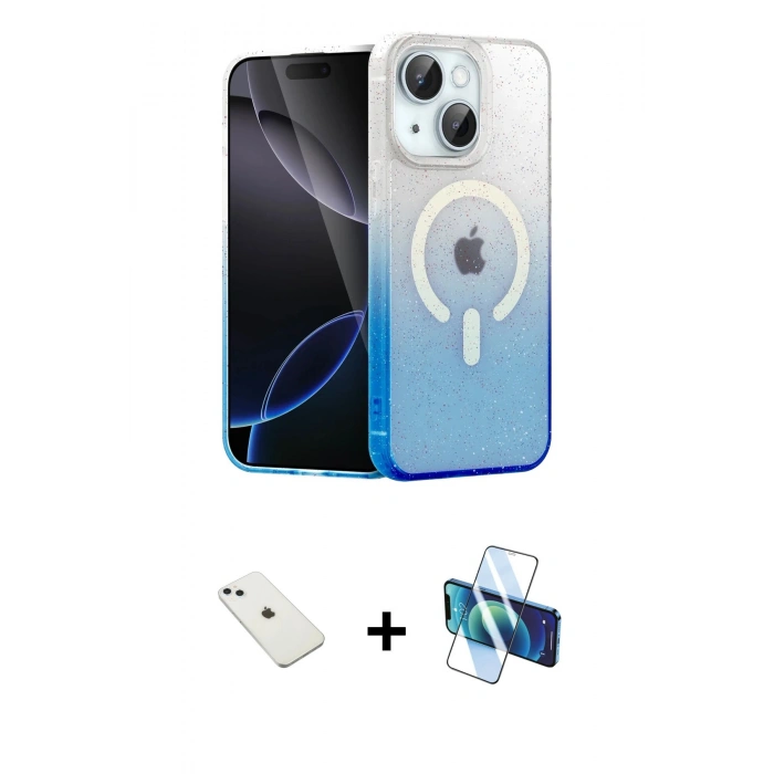 MARSİLYAN™- iPhone 14 Kılıf Eksen Minimal Özel Seri - Siyah 3D Antistatik Cam Ekran Koruyucu + Diamond Kamera Lens - SABE