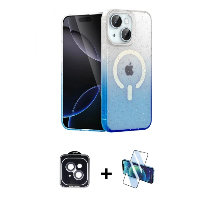 MARSİLYAN™- iPhone 14 Kılıf Eksen Minimal Özel Seri - Siyah 3D Antistatik Cam Ekran Koruyucu + PVD Metal Kamera Lens - SH