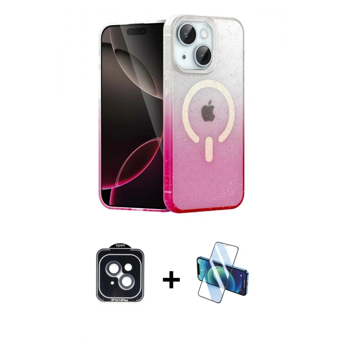 MARSİLYAN™- iPhone 14 Kılıf Eksen Minimal Özel Seri - Siyah 3D Antistatik Cam Ekran Koruyucu + PVD Metal Kamera Lens - SH