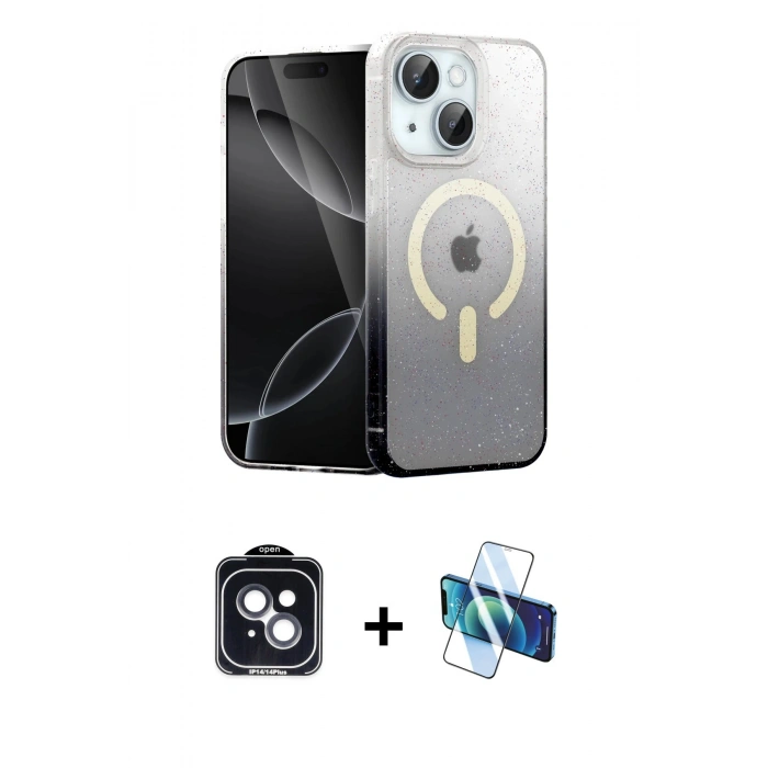 MARSİLYAN™- iPhone 14 Kılıf Eksen Minimal Özel Seri - Siyah 3D Antistatik Cam Ekran Koruyucu + PVD Metal Kamera Lens - SH