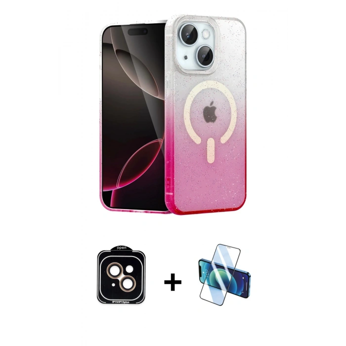 MARSİLYAN™- iPhone 14 Kılıf Eksen Minimal Özel Seri - Siyah 3D Antistatik Cam Ekran Koruyucu + Turuncu PVD Metal Kamera Lens