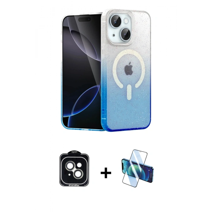MARSİLYAN™- iPhone 14 Kılıf Eksen Minimal Özel Seri - Siyah 3D Antistatik Cam Ekran Koruyucu + Yeşil PVD Metal Kamera Lens