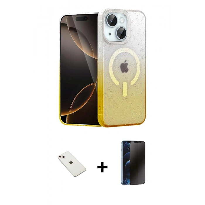 MARSİLYAN™- iPhone 14 Kılıf Eksen Minimal Özel Seri - Siyah 3D Antistatik Hayalet Cam Ekran Koruyucu + Diamond Kamera Lens - PE