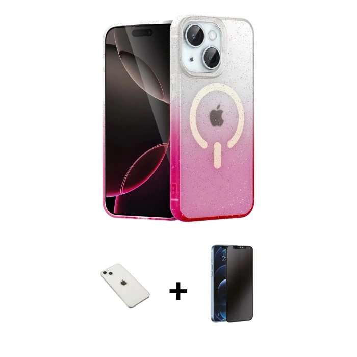 MARSİLYAN™- iPhone 14 Kılıf Eksen Minimal Özel Seri - Siyah 3D Antistatik Hayalet Cam Ekran Koruyucu + Diamond Kamera Lens - SABE