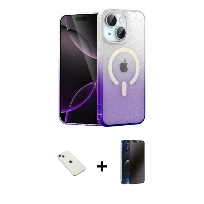 MARSİLYAN™- iPhone 14 Kılıf Eksen Minimal Özel Seri - Siyah 3D Antistatik Hayalet Cam Ekran Koruyucu + Diamond Kamera Lens - YL