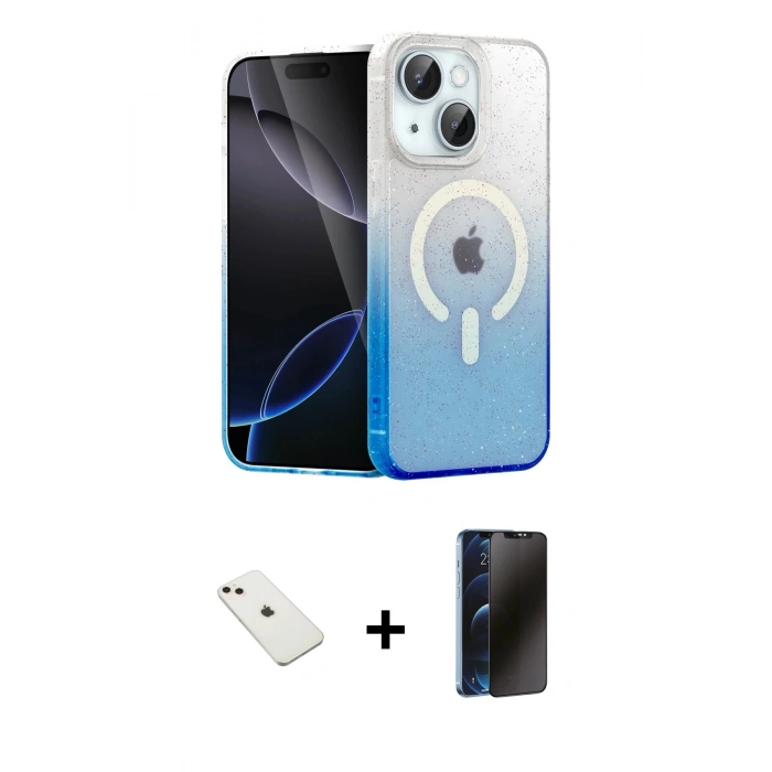 MARSİLYAN™- iPhone 14 Kılıf Eksen Minimal Özel Seri - Siyah 3D Antistatik Hayalet Cam Ekran Koruyucu + Diamond Kamera Lens - PE