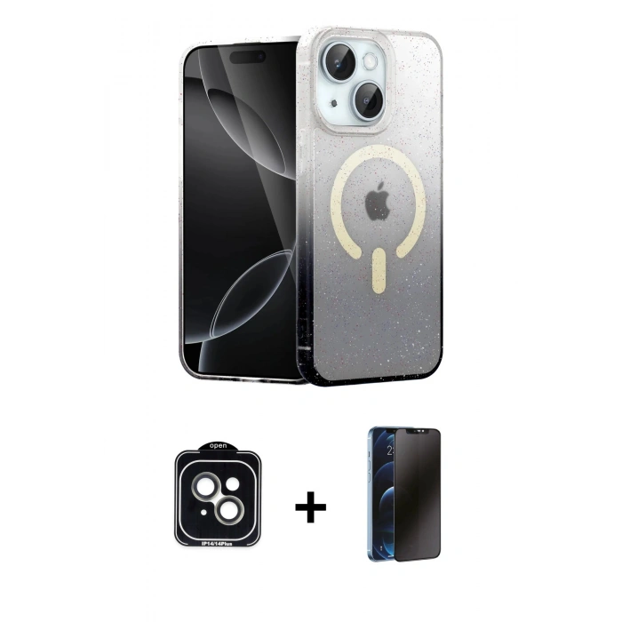 MARSİLYAN™- iPhone 14 Kılıf Eksen Minimal Özel Seri - Siyah 3D Antistatik Hayalet Cam Ekran Koruyucu + PVD Metal Kamera Lens - YL