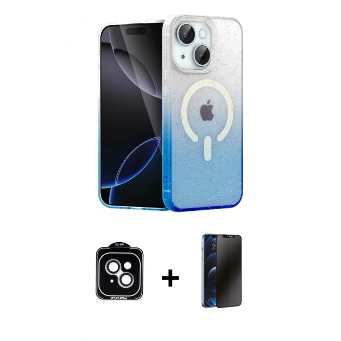 MARSİLYAN™- iPhone 14 Kılıf Eksen Minimal Özel Seri - Siyah 3D Antistatik Hayalet Cam Ekran Koruyucu + PVD Metal Kamera Lens - MI