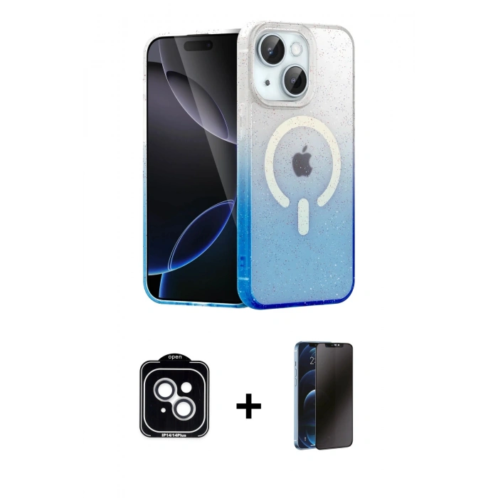 MARSİLYAN™- iPhone 14 Kılıf Eksen Minimal Özel Seri - Siyah 3D Antistatik Hayalet Cam Ekran Koruyucu + PVD Metal Kamera Lens - GS