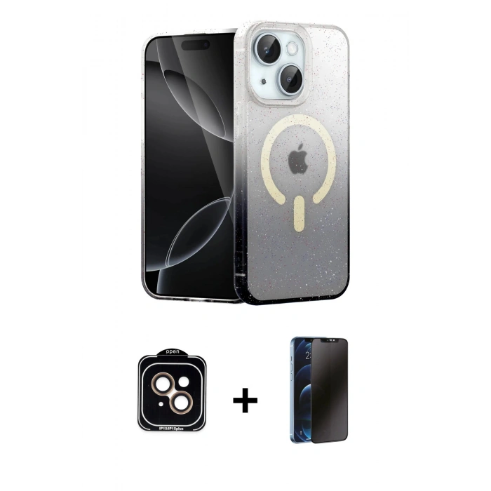 MARSİLYAN™- iPhone 14 Kılıf Eksen Minimal Özel Seri - Siyah 3D Antistatik Hayalet Cam Ekran Koruyucu + PVD Metal Kamera Lens - TU