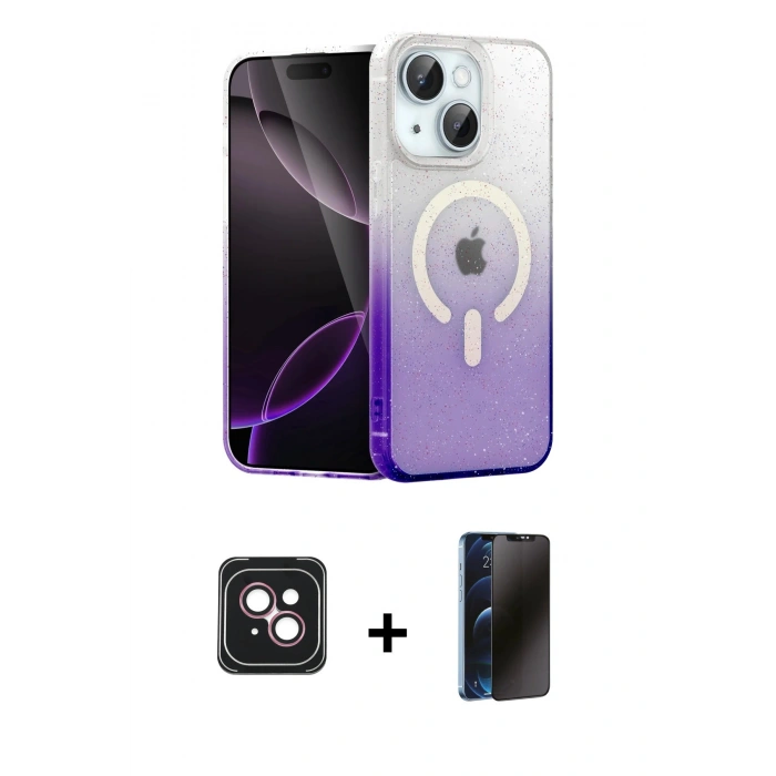 MARSİLYAN™- iPhone 14 Kılıf Eksen Minimal Özel Seri - Siyah 3D Antistatik Hayalet Cam Ekran Koruyucu + PVD Metal Kamera Lens - PE