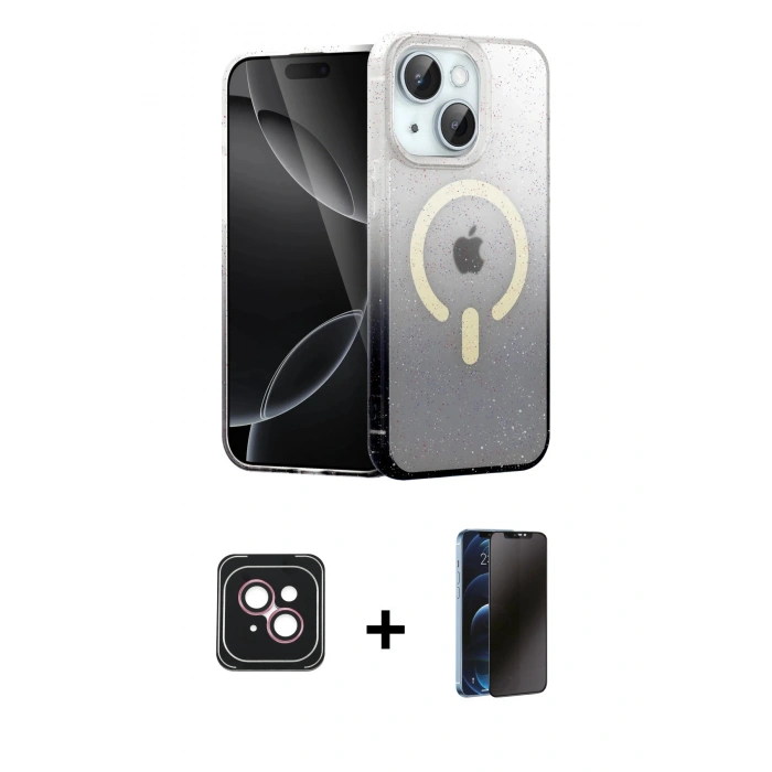 MARSİLYAN™- iPhone 14 Kılıf Eksen Minimal Özel Seri - Siyah 3D Antistatik Hayalet Cam Ekran Koruyucu + PVD Metal Kamera Lens - PE