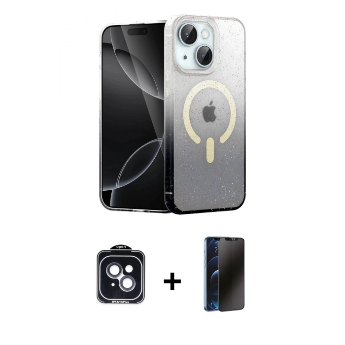 MARSİLYAN™- iPhone 14 Kılıf Eksen Minimal Özel Seri - Siyah 3D Antistatik Hayalet Cam Ekran Koruyucu + PVD Metal Kamera Lens - SH