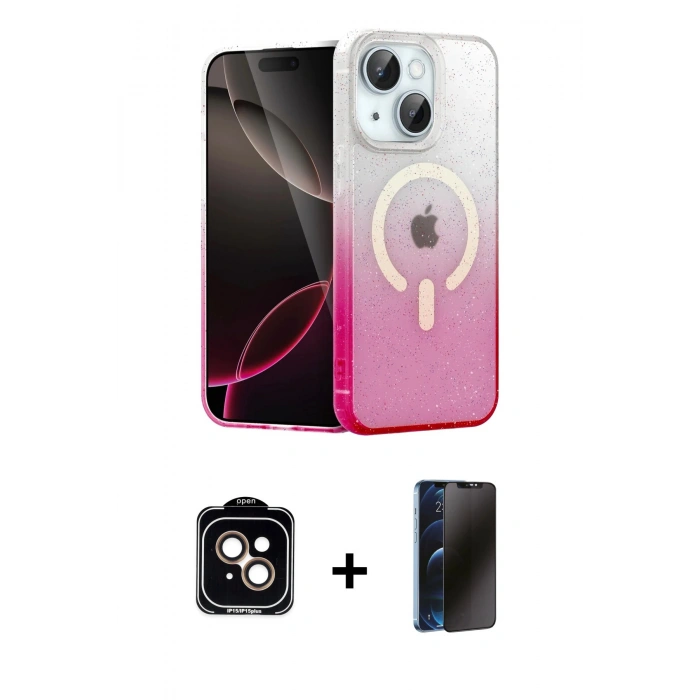 MARSİLYAN™- iPhone 14 Kılıf Eksen Minimal Özel Seri - Siyah 3D Antistatik Hayalet Cam Ekran Koruyucu + PVD Metal Kamera Lens - TU