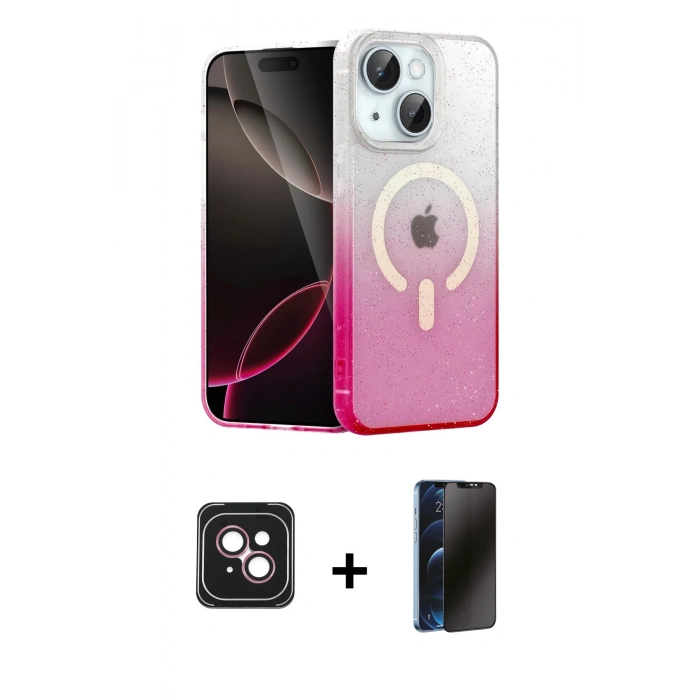 MARSİLYAN™- iPhone 14 Kılıf Eksen Minimal Özel Seri - Siyah 3D Antistatik Hayalet Cam Ekran Koruyucu + PVD Metal Kamera Lens - PE