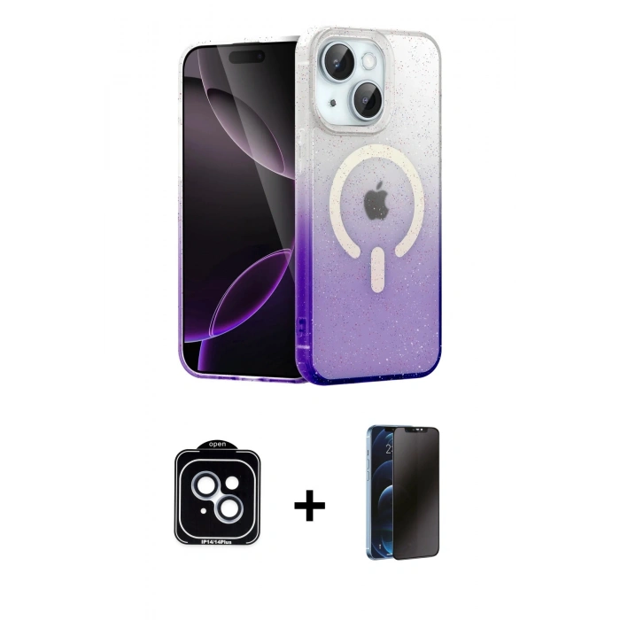 MARSİLYAN™- iPhone 14 Kılıf Eksen Minimal Özel Seri - Siyah 3D Antistatik Hayalet Cam Ekran Koruyucu + PVD Metal Kamera Lens - MI
