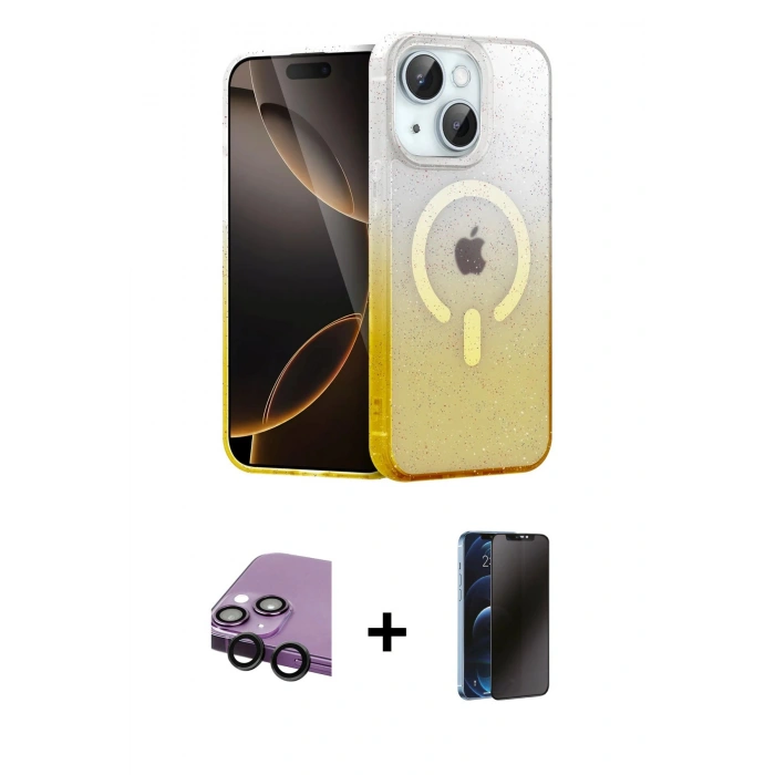 MARSİLYAN™- iPhone 14 Kılıf Eksen Minimal Özel Seri - Siyah 3D Antistatik Hayalet Cam Ekran Koruyucu + Raze Metal Kamera Lens - SH