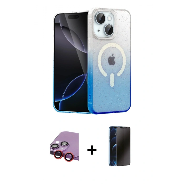 MARSİLYAN™- iPhone 14 Kılıf Eksen Minimal Özel Seri - Siyah 3D Antistatik Hayalet Cam Ekran Koruyucu + Raze Metal Kamera Lens - KI