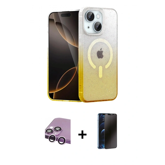 MARSİLYAN™- iPhone 14 Kılıf Eksen Minimal Özel Seri - Siyah 3D Antistatik Hayalet Cam Ekran Koruyucu + Raze Metal Kamera Lens - MR