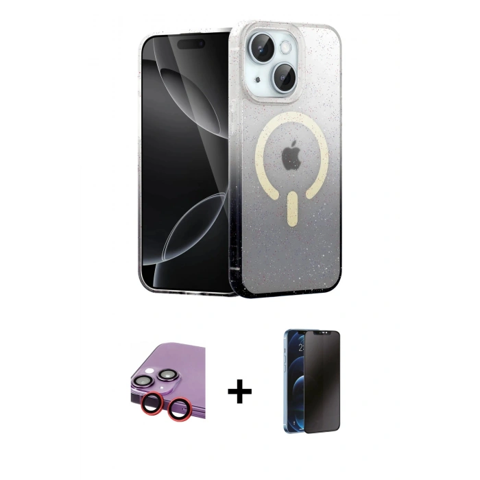 MARSİLYAN™- iPhone 14 Kılıf Eksen Minimal Özel Seri - Siyah 3D Antistatik Hayalet Cam Ekran Koruyucu + Raze Metal Kamera Lens - KI