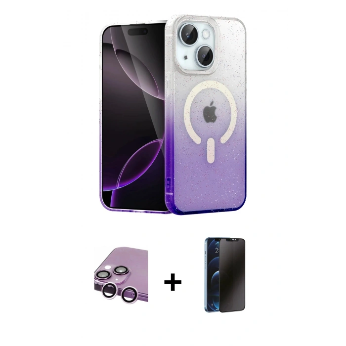 MARSİLYAN™- iPhone 14 Kılıf Eksen Minimal Özel Seri - Siyah 3D Antistatik Hayalet Cam Ekran Koruyucu + Raze Metal Kamera Lens - MR
