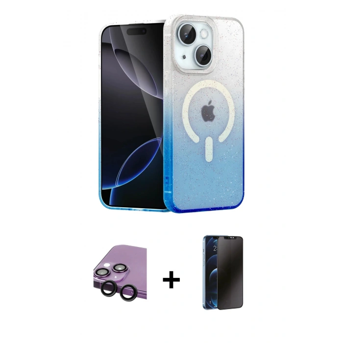 MARSİLYAN™- iPhone 14 Kılıf Eksen Minimal Özel Seri - Siyah 3D Antistatik Hayalet Cam Ekran Koruyucu + Raze Metal Kamera Lens - SH
