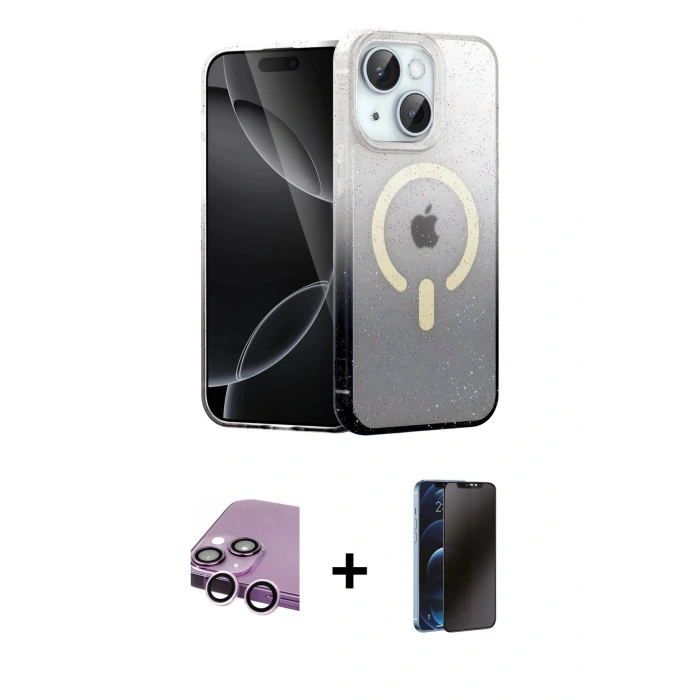 MARSİLYAN™- iPhone 14 Kılıf Eksen Minimal Özel Seri - Siyah 3D Antistatik Hayalet Cam Ekran Koruyucu + Raze Metal Kamera Lens - MR
