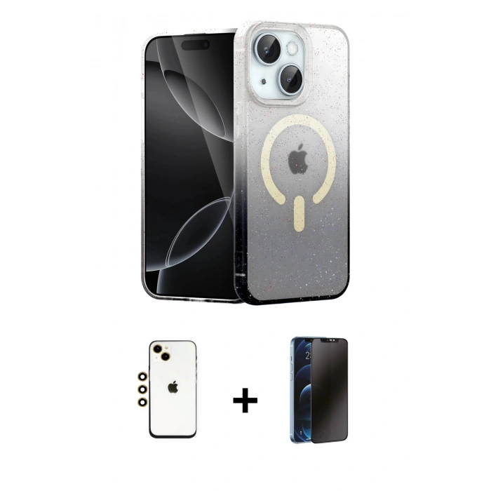 MARSİLYAN™- iPhone 14 Kılıf Eksen Minimal Özel Seri - Siyah 3D Antistatik Hayalet Cam Ekran Koruyucu + Shine Kamera Lens - GD
