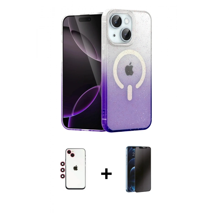 MARSİLYAN™- iPhone 14 Kılıf Eksen Minimal Özel Seri - Siyah 3D Antistatik Hayalet Cam Ekran Koruyucu + Shine Kamera Lens - KI