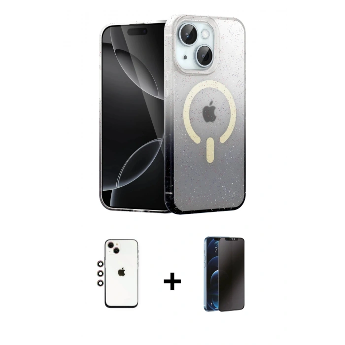 MARSİLYAN™- iPhone 14 Kılıf Eksen Minimal Özel Seri - Siyah 3D Antistatik Hayalet Cam Ekran Koruyucu + Shine Kamera Lens - GI