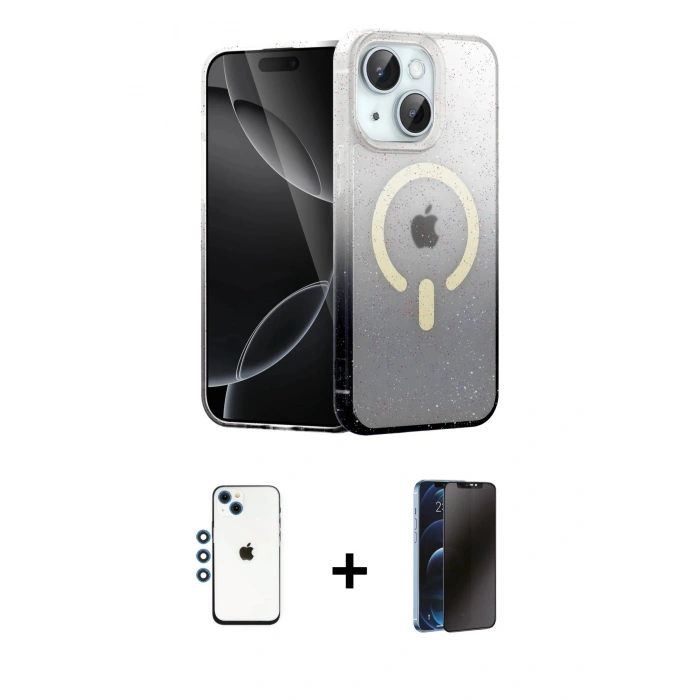 MARSİLYAN™- iPhone 14 Kılıf Eksen Minimal Özel Seri - Siyah 3D Antistatik Hayalet Cam Ekran Koruyucu + Shine Kamera Lens - MI