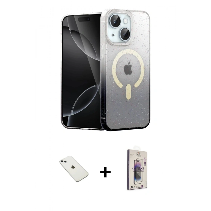 MARSİLYAN™- iPhone 14 Kılıf Eksen Minimal Özel Seri - Siyah Bilvis 3D Cam Ekran Koruyucu + Diamond Kamera Lens - SABE
