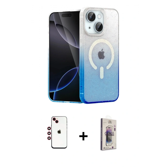 MARSİLYAN™- iPhone 14 Kılıf Eksen Minimal Özel Seri - Siyah Bilvis 3D Cam Ekran Koruyucu + Shine Kamera Lens - KI
