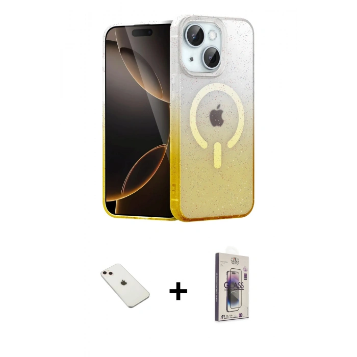 MARSİLYAN™- iPhone 14 Kılıf Eksen Minimal Özel Seri - Siyah Bilvis 3D Cam Ekran Koruyucu + Diamond Kamera Lens - PE