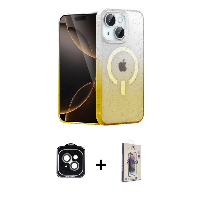 MARSİLYAN™- iPhone 14 Kılıf Eksen Minimal Özel Seri - Siyah Bilvis 3D Cam Ekran Koruyucu + PVD Metal Kamera Lens - YL