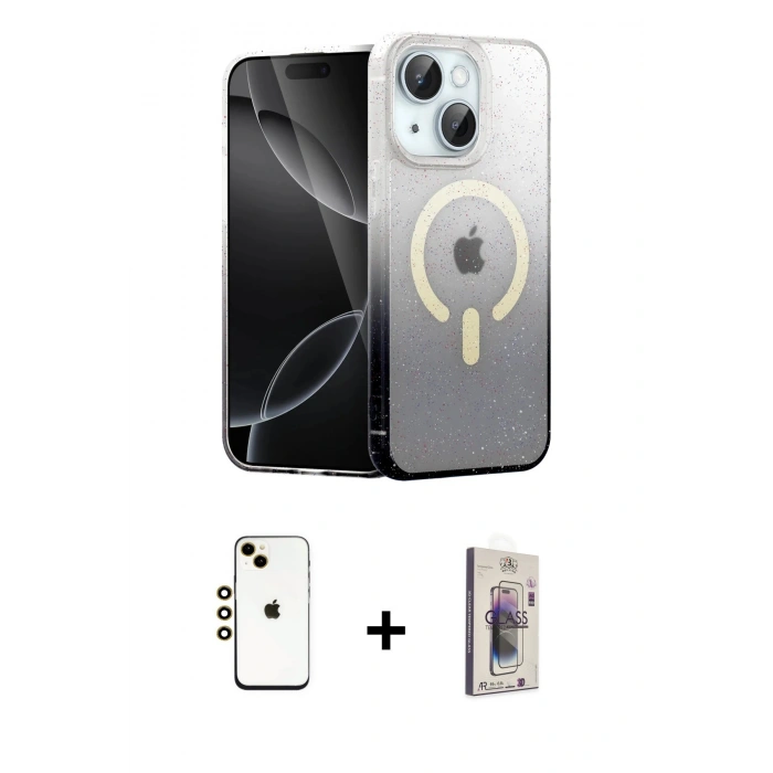 MARSİLYAN™- iPhone 14 Kılıf Eksen Minimal Özel Seri - Siyah Bilvis 3D Cam Ekran Koruyucu + Shine Kamera Lens - GD